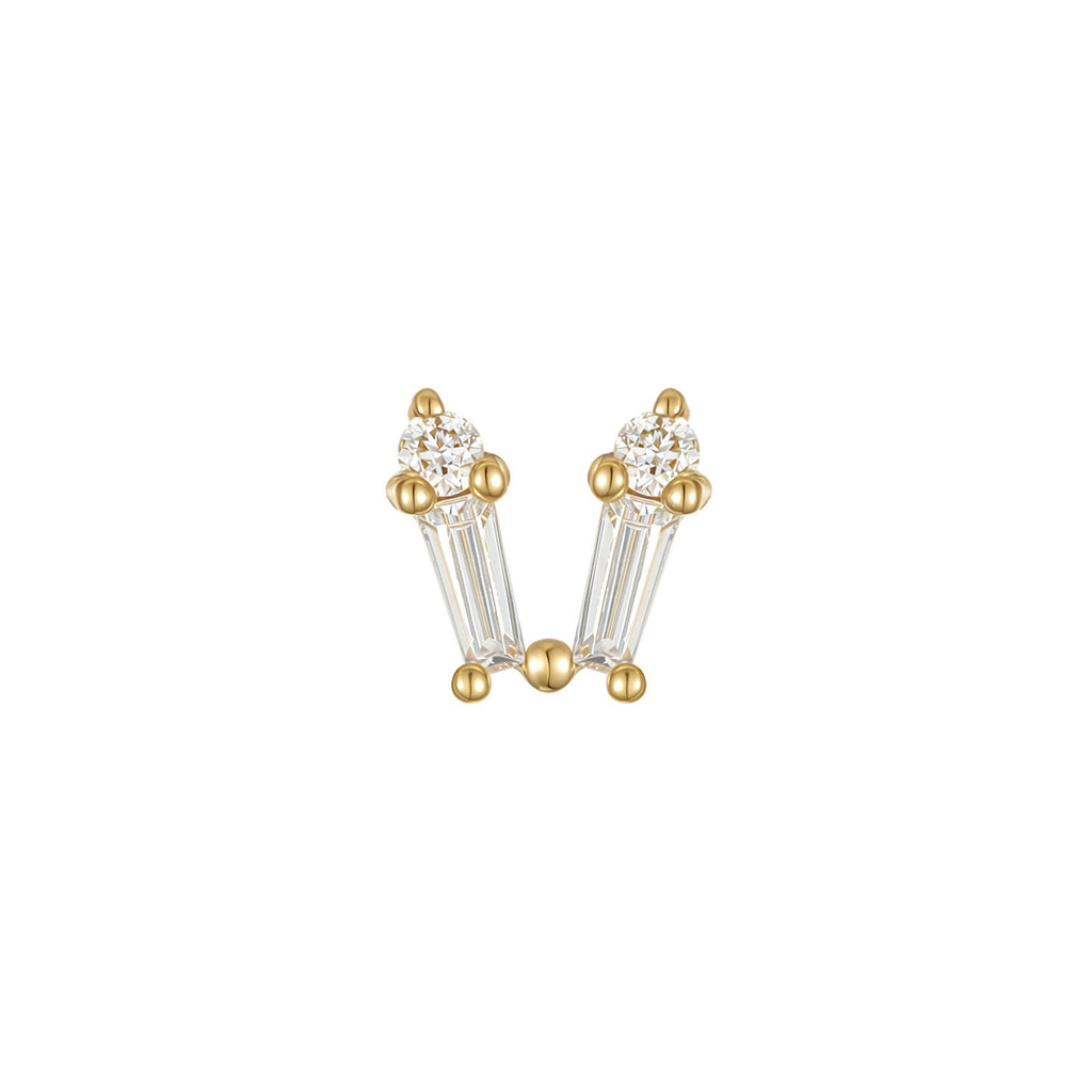 Bow baguette and round CZ threadless end in 14k gold for layered lobe or helix styling