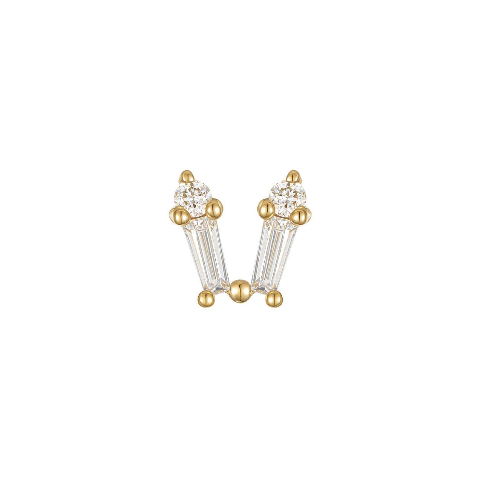 Bow baguette and round CZ threadless end in 14k gold for layered lobe or helix styling