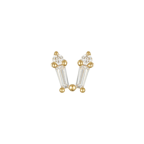 Bow baguette and round CZ threadless end in 14k gold for layered lobe or helix styling