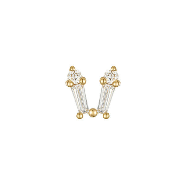 Bow baguette and round CZ threadless end in 14k gold for layered lobe or helix styling