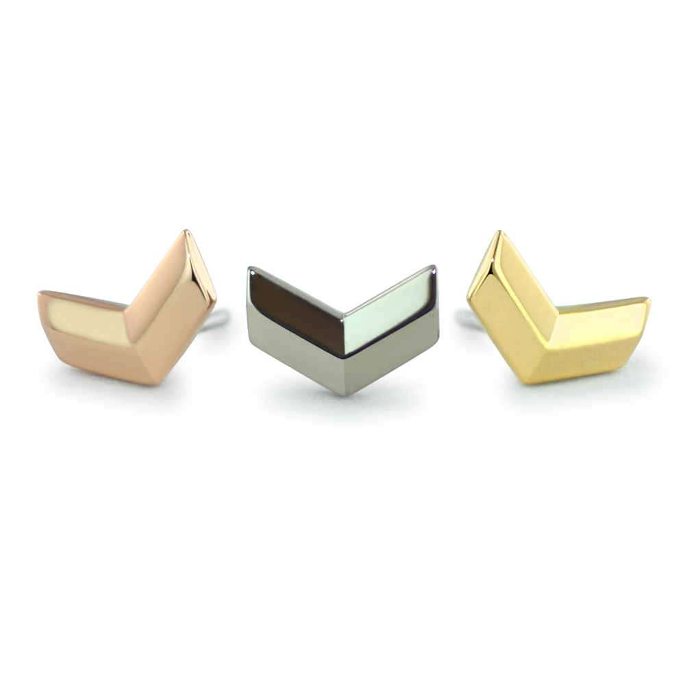 NeoMetal chevron threadless end in solid 18k gold for contemporary ear styling
