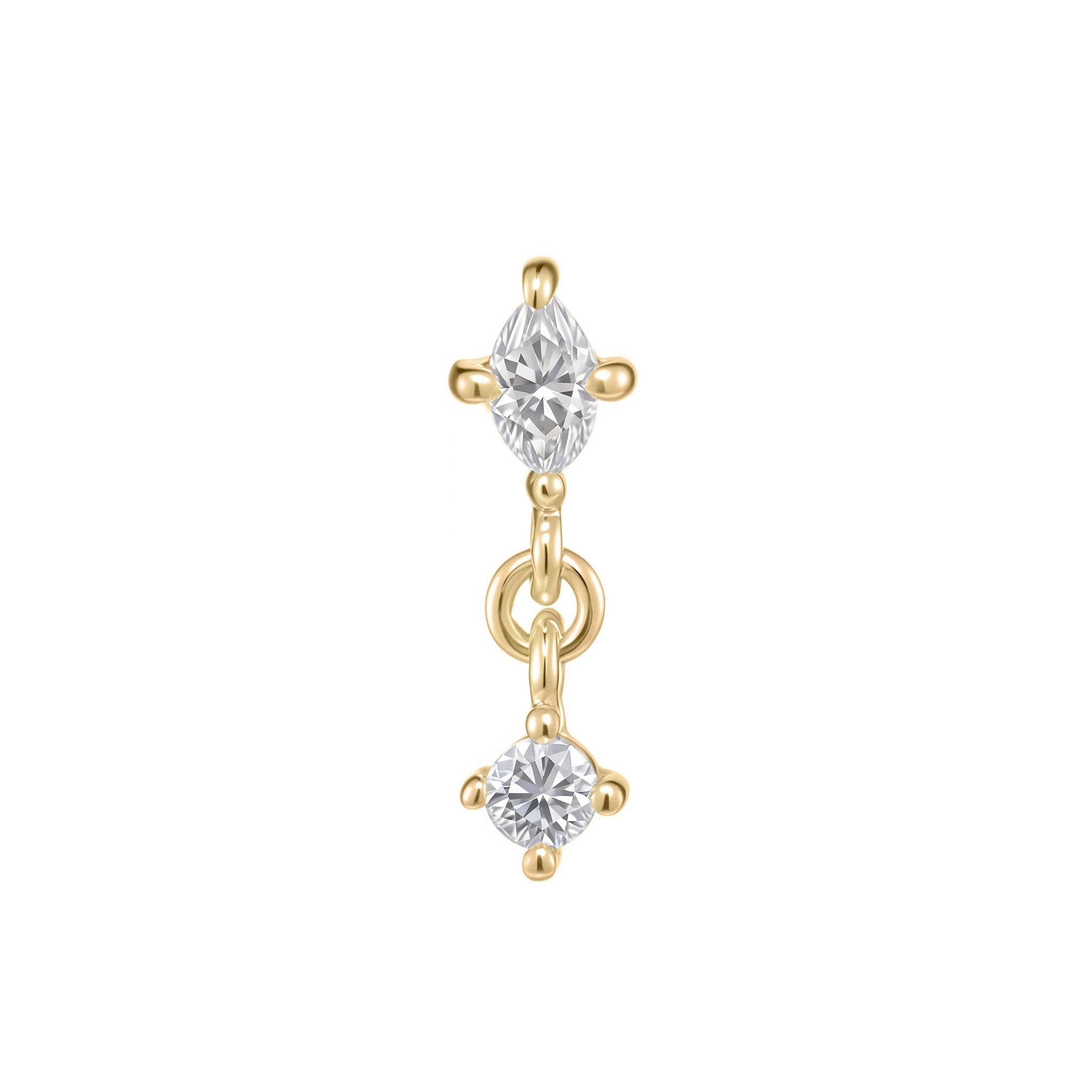 Marqia marquise and round moissanite threadless end in 14k gold for flat or helix