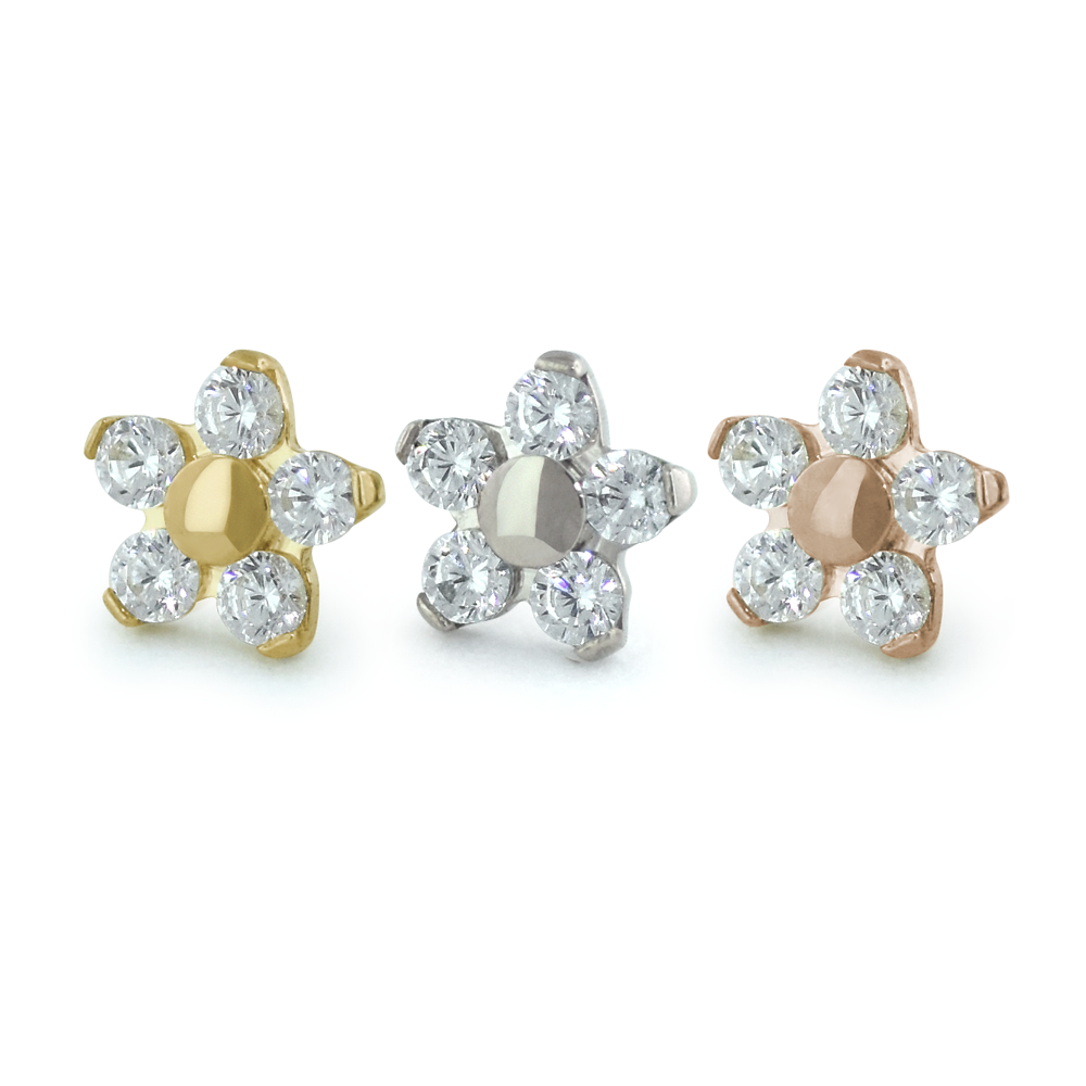 NeoMetal five-diamond flower threadless end in 18k gold for lobe or helix