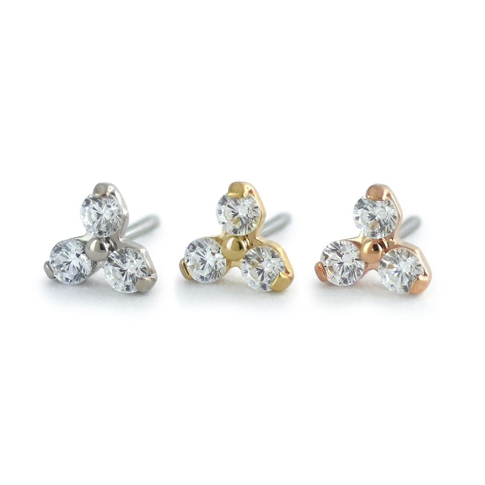 NeoMetal trinity three-diamond threadless end in 18k gold for ear or nostril