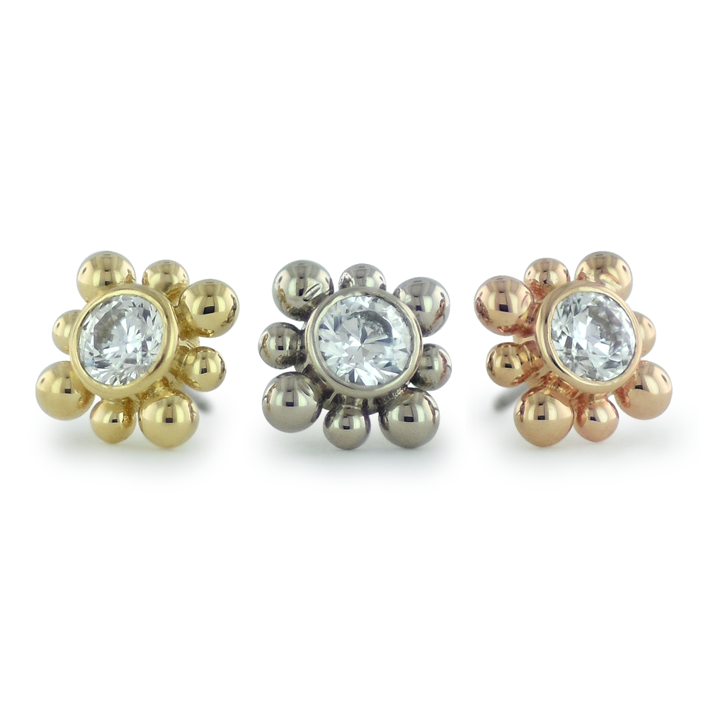 NeoMetal Areo orbiting-spheres centre-gem threadless end in 18k gold for nostril or helix