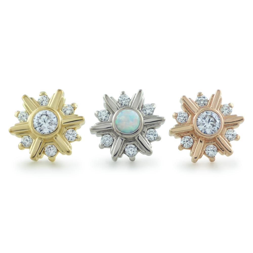 NeoMetal Deco seven-stone cluster threadless end in 18k gold for conch or flat