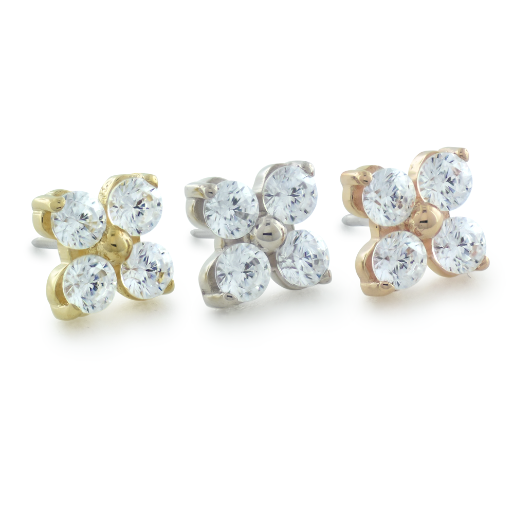 NeoMetal Forte four-gem threadless end in 18k gold for lobe or helix