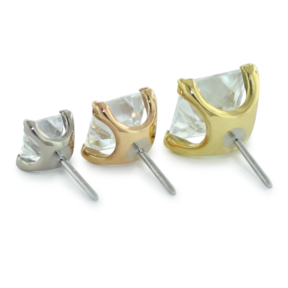 NeoMetal princess-cut gem prong-set threadless end in 18k gold for lobe or helix