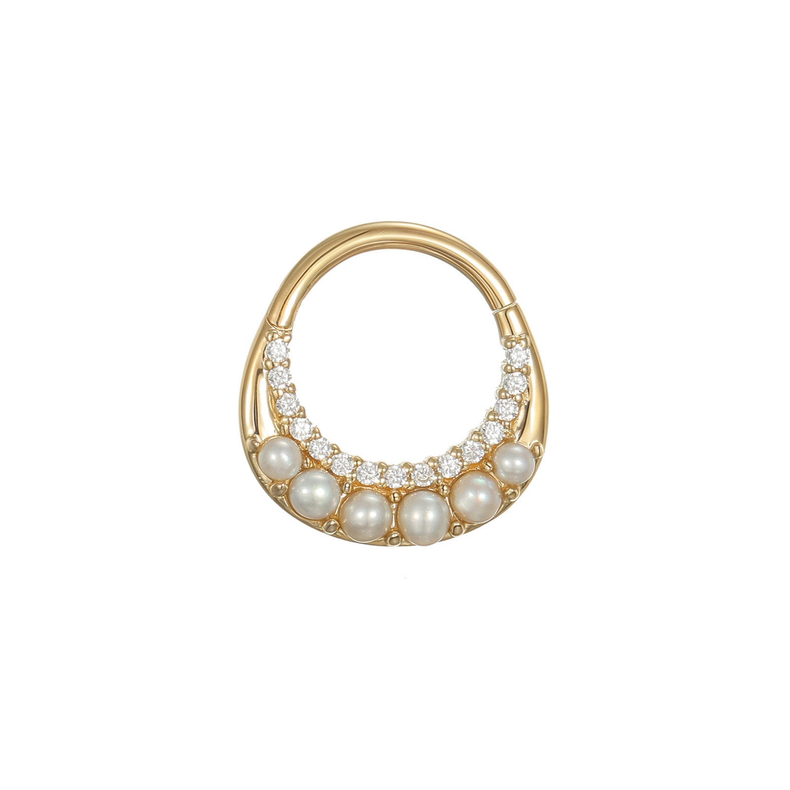Nova hinged clicker with pearls and Swarovski CZ in 14k yellow gold for septum or daith