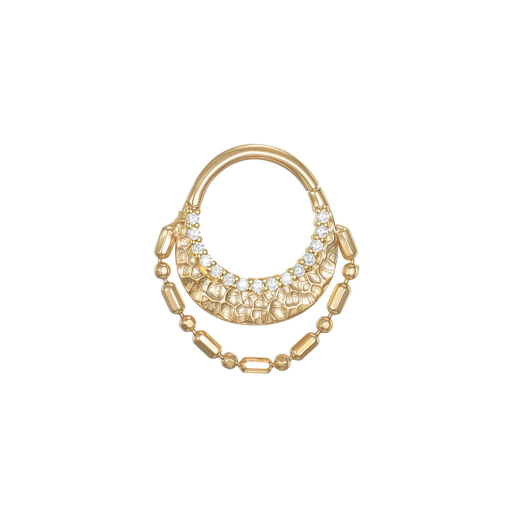 Orza hand-hammered hinged clicker with CZ paving and draping chain in 14k gold for septum or daith