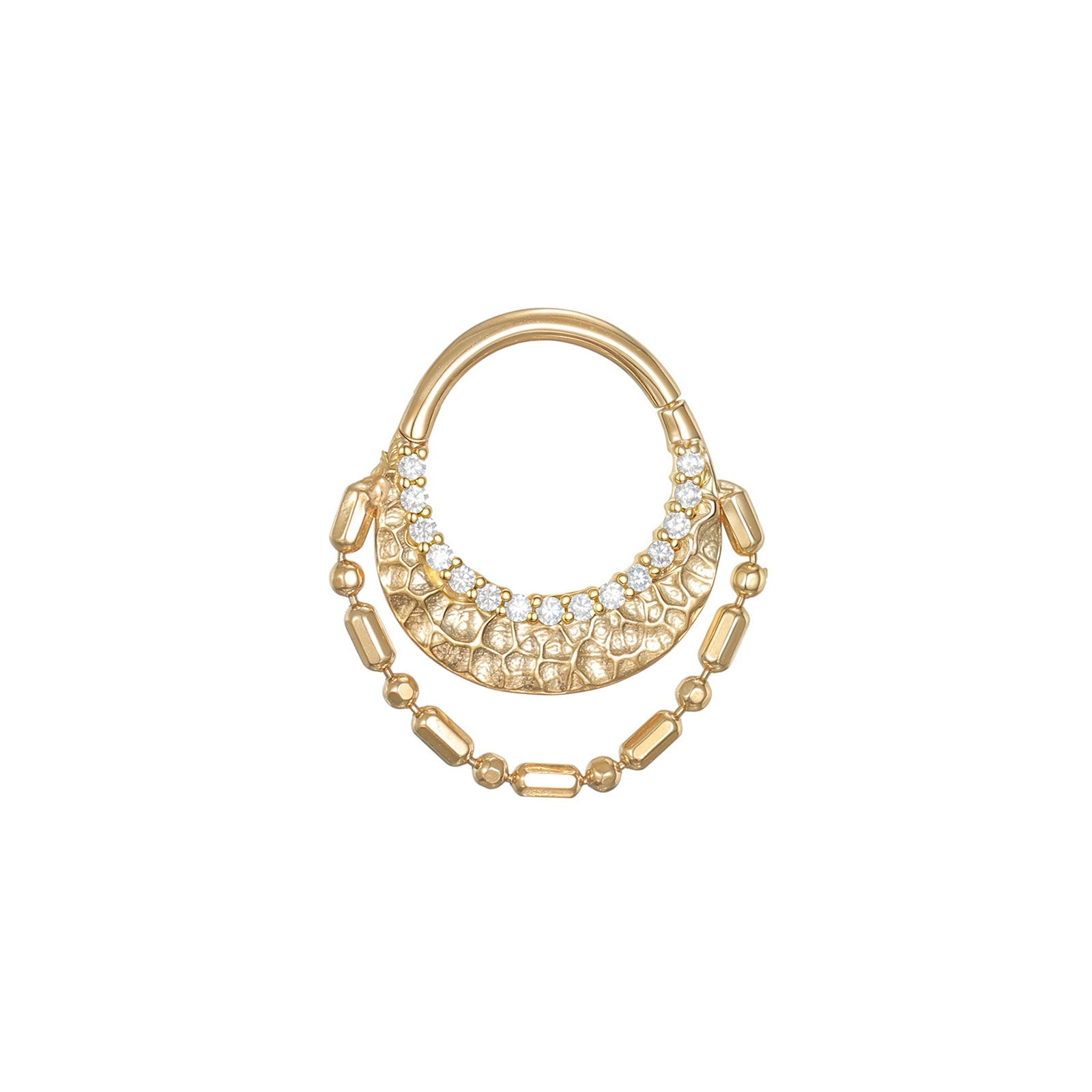 Orza hand-hammered hinged clicker with CZ paving and draping chain in 14k gold for septum or daith