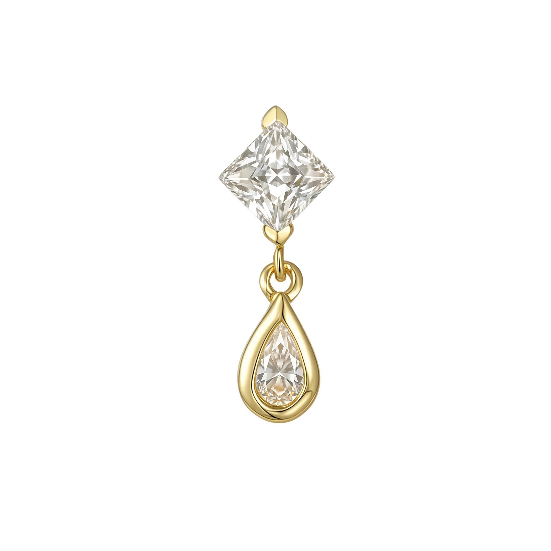 Prismdrop princess and pear CZ threadless end in 14k gold for solo or stacked ear styling