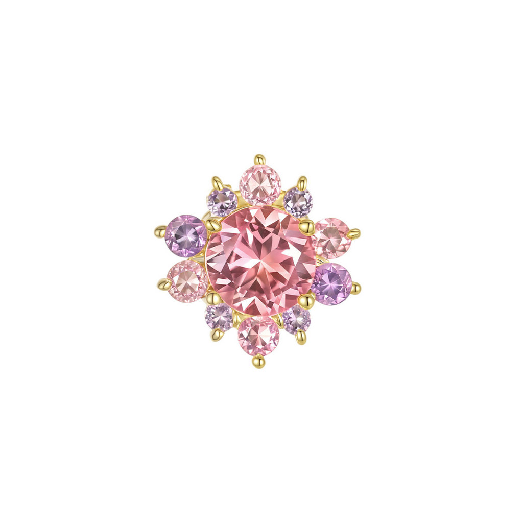 Rayna pink tourmaline halo threadless end with amethyst accents in 14k gold for helix or conch focal pieces