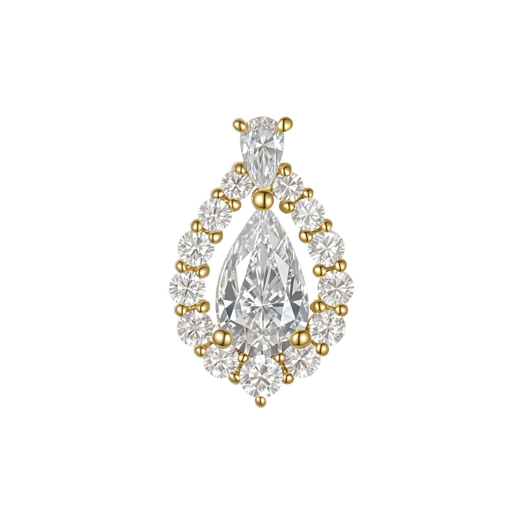 Vega pear CZ halo threadless end in 14k gold built to anchor ear curation